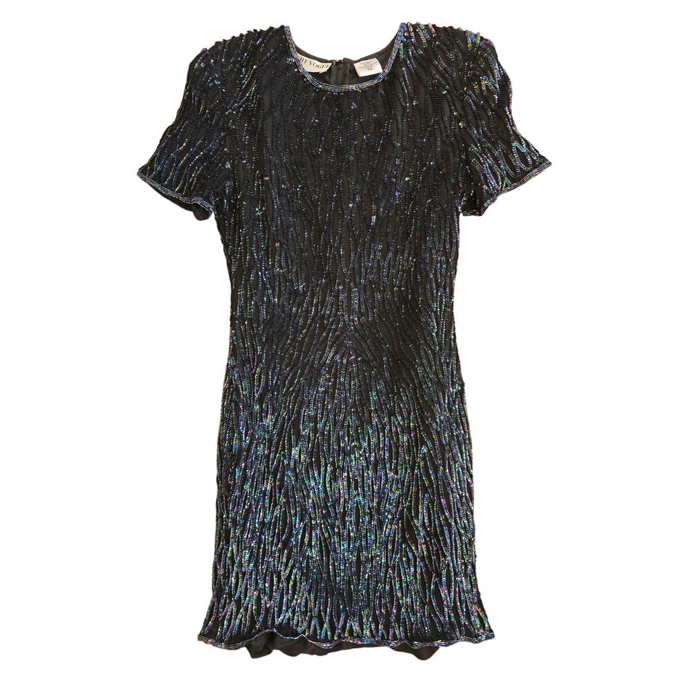 Vintage Night Vogue 100% Silk Sequin Mini Dress PM Black Iridescent Beaded